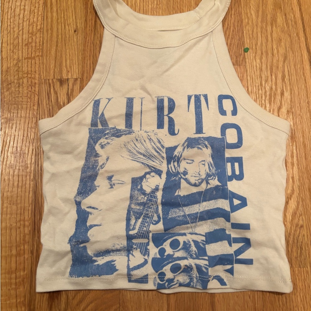 American Eagle Outfitters Cream Tank Top with Blue Graphic